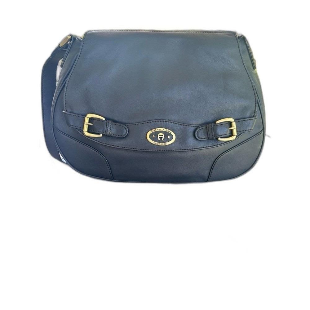 Etienne Aigner Vintage Charcoal Leather Shoulder Saddle Bag Gold EUC Minimalist